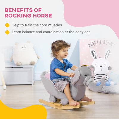 HOMCOM Kids Elephant-Designed Rocking Horse, with Safety Belt, Wooden Base, for Ages 18-36 Months - Grey 