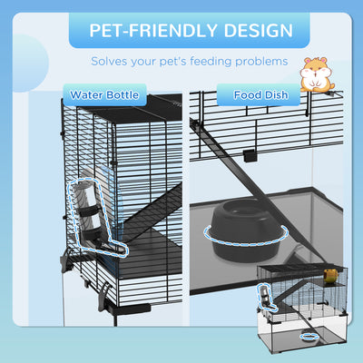 PawHut 3 Tiers Hamster Cage, Gerbil Cage with Deep Glass Bottom, Non-Slip Ramps, Platforms, Hut, Exercise Wheels, Water Bottle, Dish, for Syrian Hamster, Dwarf Hamster, 60 x 40 x 57cm 