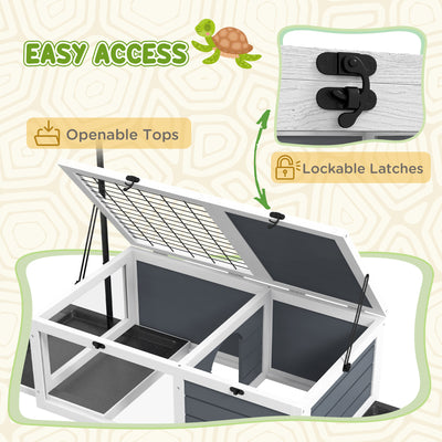 PawHut Tortoise Table with Adjustable Lamp Holder, Wooden Tortoise House w/ Openable Lids, Pull-Out Trays - Grey 