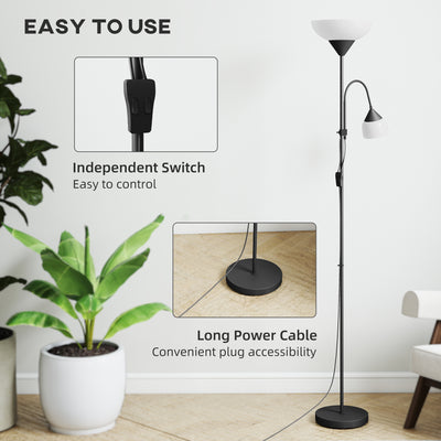HOMCOM LED Floor Lamp for Living Room, 180cm Tall Standing Lamp, Mother and Child Uplighter with Adjustable Gooseneck, Black 