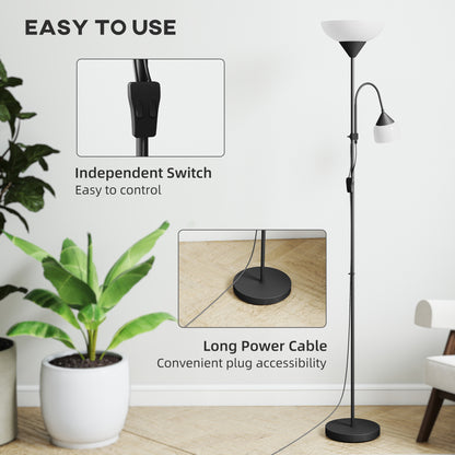 HOMCOM LED Floor Lamp for Living Room, 180cm Tall Standing Lamp, Mother and Child Uplighter with Adjustable Gooseneck, Black