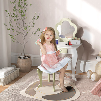 ZONEKIZ Kids Vanity Table with Mirror and Stool, Drawer, Storage Boxes, Flower Design, for Ages 3-6 Years - White 