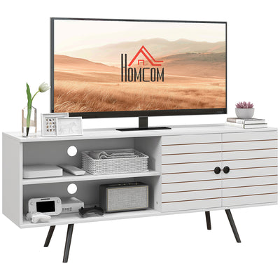 HOMCOM TV Stand with Cupboard, Open Shelves, Striped Doors, Wooden legs, White 