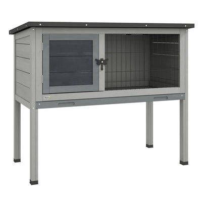 PawHut Wooden Guinea Pig Hutch, Small Animal Cage with Slide-out Tray, Openable Asphalt Roof, 84 x 43 x 70cm, Grey 