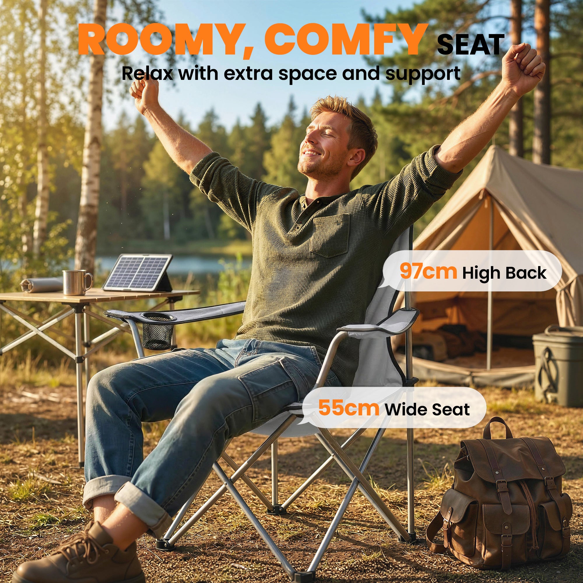 Outsunny Camping Chair Set of 2 Portable Folding Outdoor Camp Chair with Cup Holders and Carry Bag Grey 