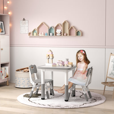 AIYAPLAY Height Adjustable Toddler Table and Chair Set, 3 Pcs Children Activity Table w/ 2 Chairs, for Playroom, Bedroom - Grey 