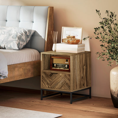 HOMCOM Bedside Table with Drawer and Shelf, Side End Table with Steel Legs for Living Room, Bedroom, Brown Wood Effect 