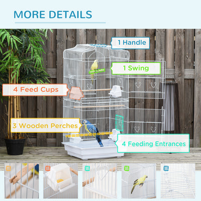 PawHut Large Metal Bird Cage with Perches, Food Bowls, Swing for Budgie, Parakeet, 46.5 x 35.5 x 92cm,White 