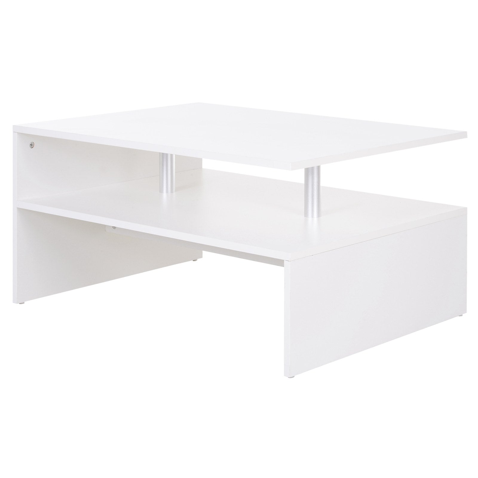 HOMCOM Coffee Table with Storage, 2-Tier Centre Table, Modern Living Room Table with Open Shelf and Aluminium Poles, White 