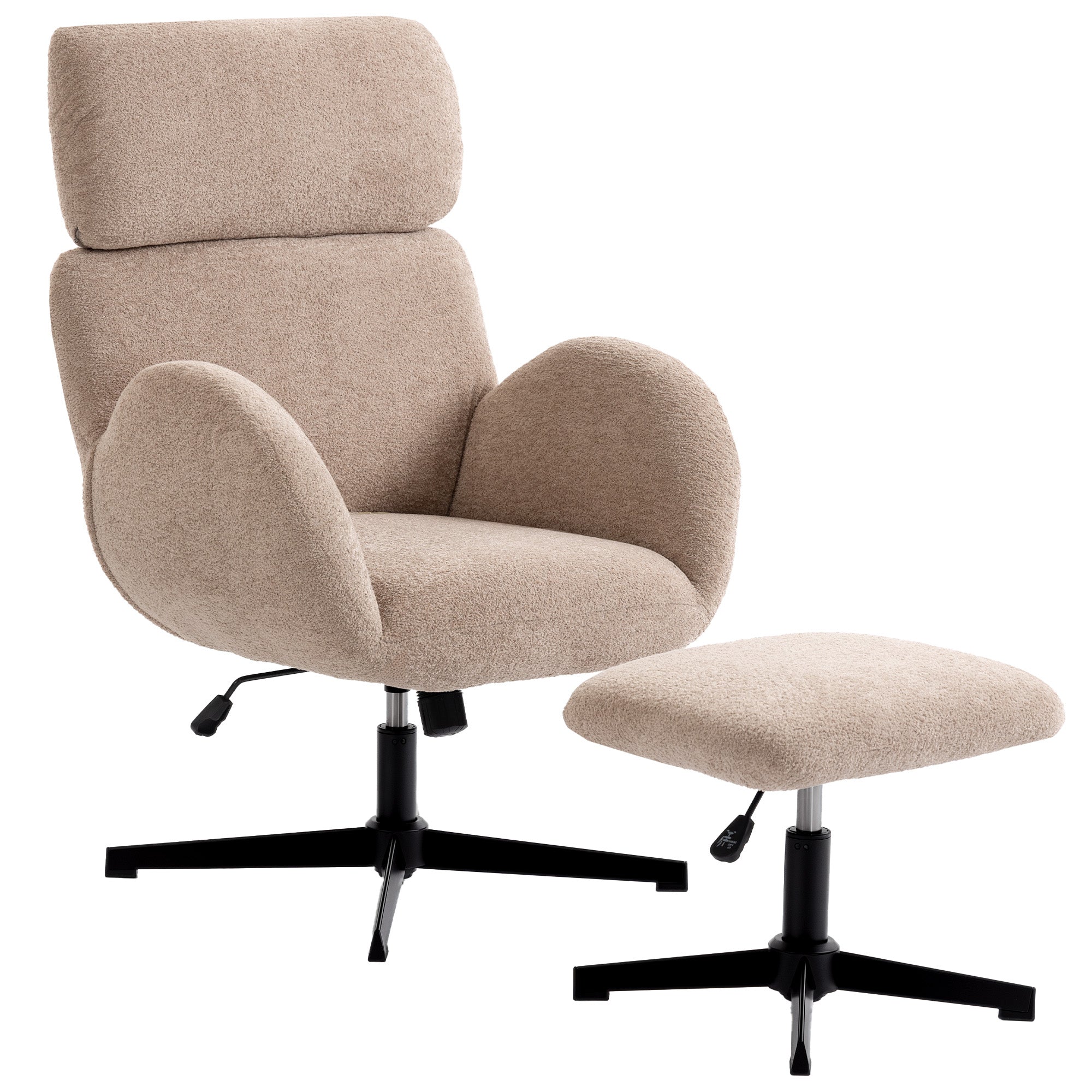 HOMCOM Swivel Armchair and Footstool Set, Height Adjustable Accent Chair with Adjustable Headrest, Rocking Function, Light Brown 