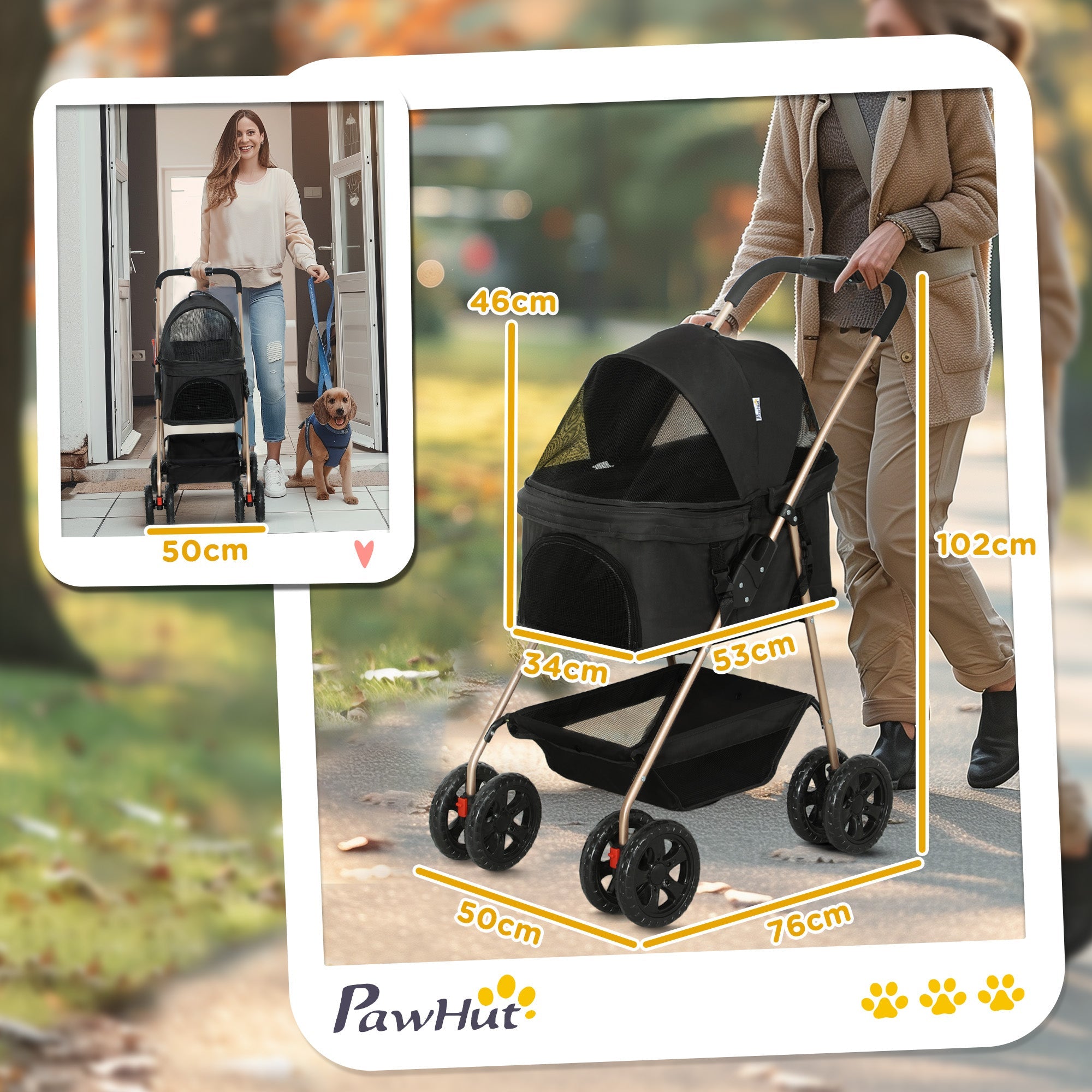 PawHut 3 in 1 Pet Stroller, Folding 4 Wheels Dog Pram with Detachable Carrier for Mini Dogs Cats, Black 