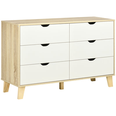 HOMCOM Bedroom Chest of Drawers, Wide 6-Drawer Dresser, Storage Drawer Unit with Wood Legs for Living Room, White and Light Brown 