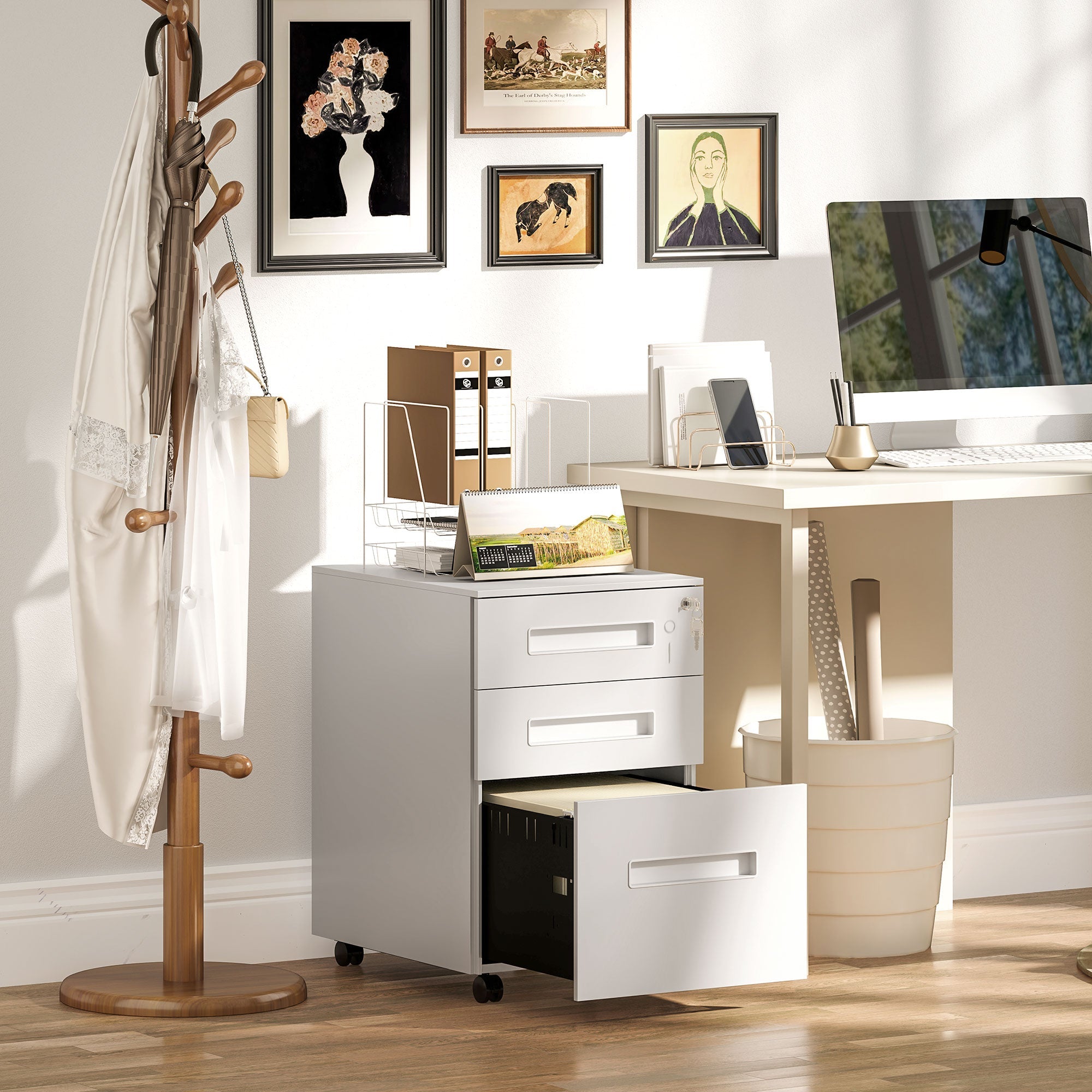 Vinsetto Metal Mobile File Cabinet with Wheels, Lockable 3 Drawer Filing Cabinet for A4, Legal, Letter, Under Desk Storage Unit with Pre-Assembled Body for Home Office, 39 x 48 x 60cm, White 