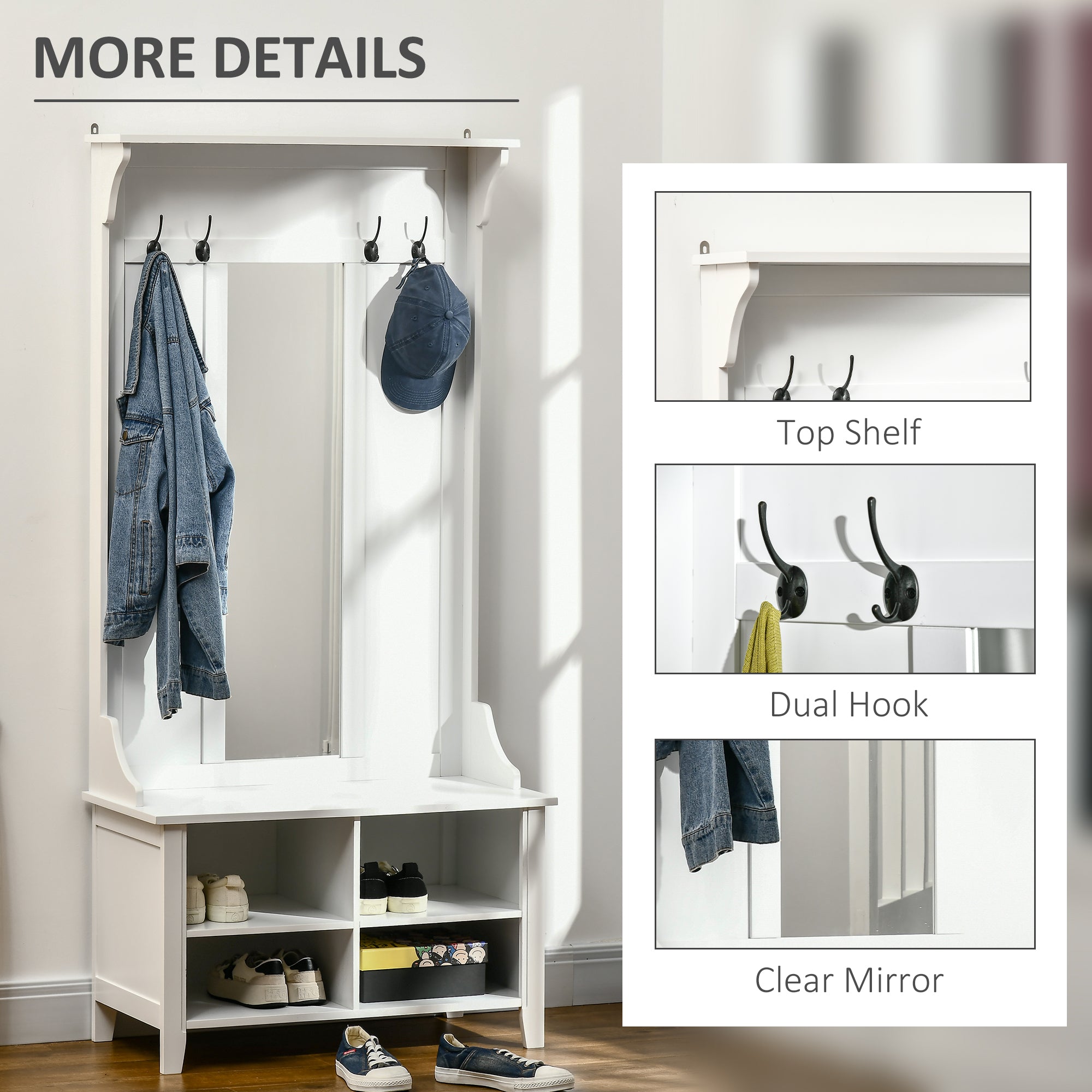 HOMCOM Hallway Furniture Set Shoe Bench Storage Mirror Cabinet Coat Rack Multiple Cubes Hangers Organiser Shelves w/ 4 Hooks 
