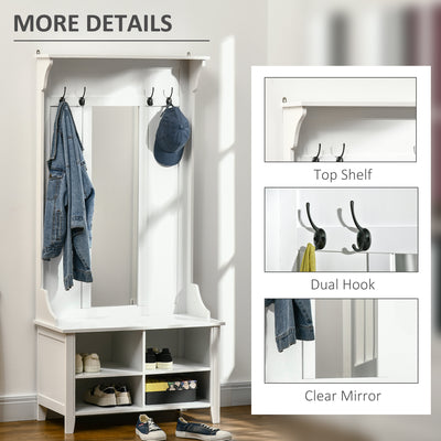HOMCOM Hallway Furniture Set Shoe Bench Storage Mirror Cabinet Coat Rack Multiple Cubes Hangers Organiser Shelves w/ 4 Hooks 