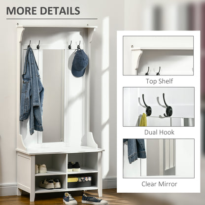 HOMCOM Hallway Furniture Set Shoe Bench Storage Mirror Cabinet Coat Rack Multiple Cubes Hangers Organiser Shelves w/ 4 Hooks 