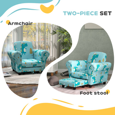 AIYAPLAY 2 Piece Kids Sofa Set with Dinosaur Design, Wooden Frame, for 1.5-3 Years Old, Blue 