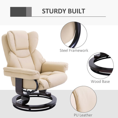 HOMCOM Faux Leather Recliner Chair and Footstool, Swivel Upholstered Armchair and Footstool with Adjustable Backrest, Solid Wood Base for Living Room, Cream 