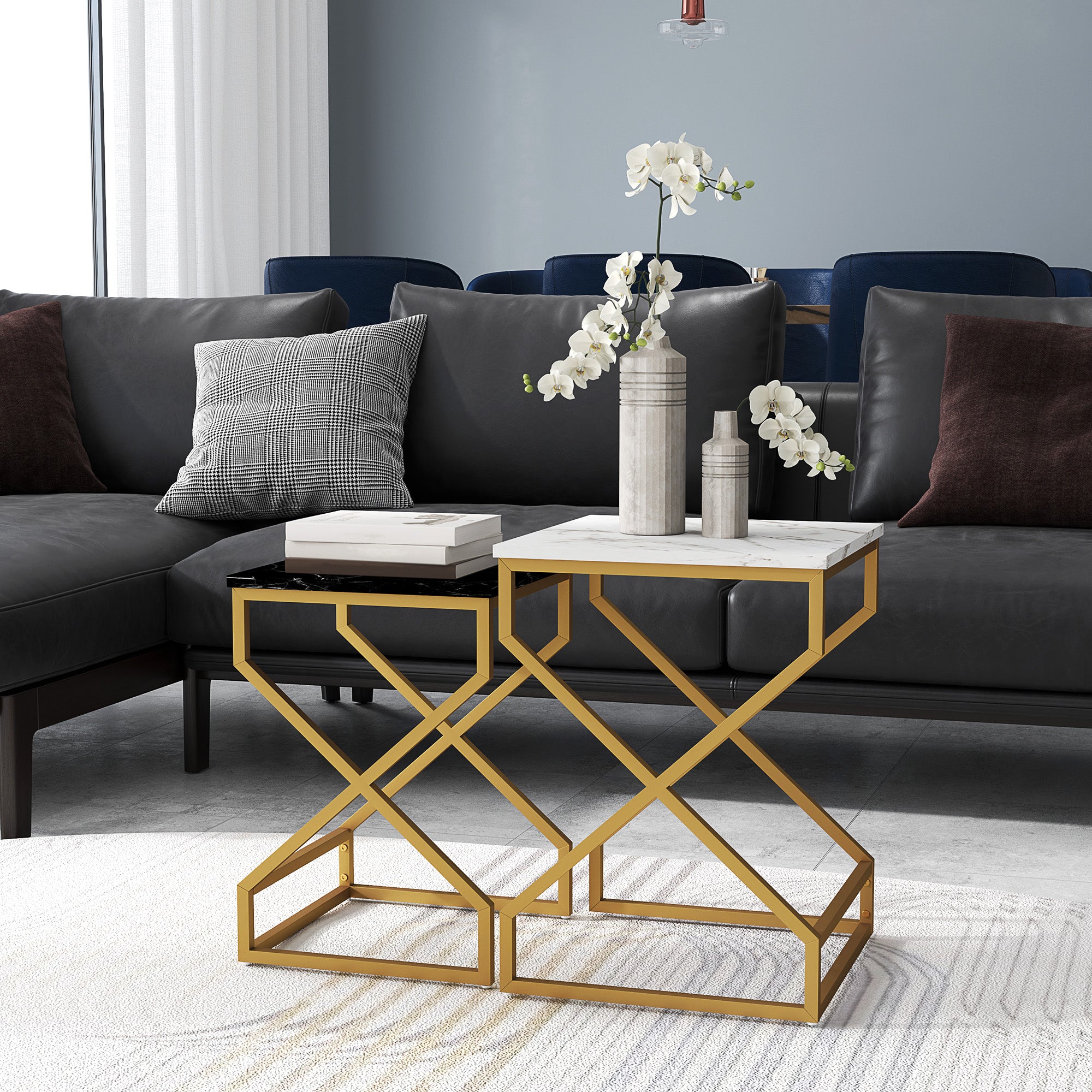 HOMCOM Set of Two Marble-Effect Nesting Tables 