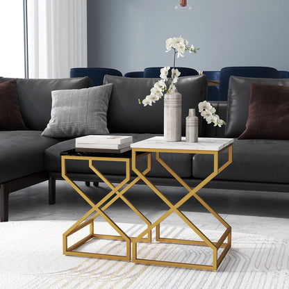 HOMCOM Set of Two Marble-Effect Nesting Tables 