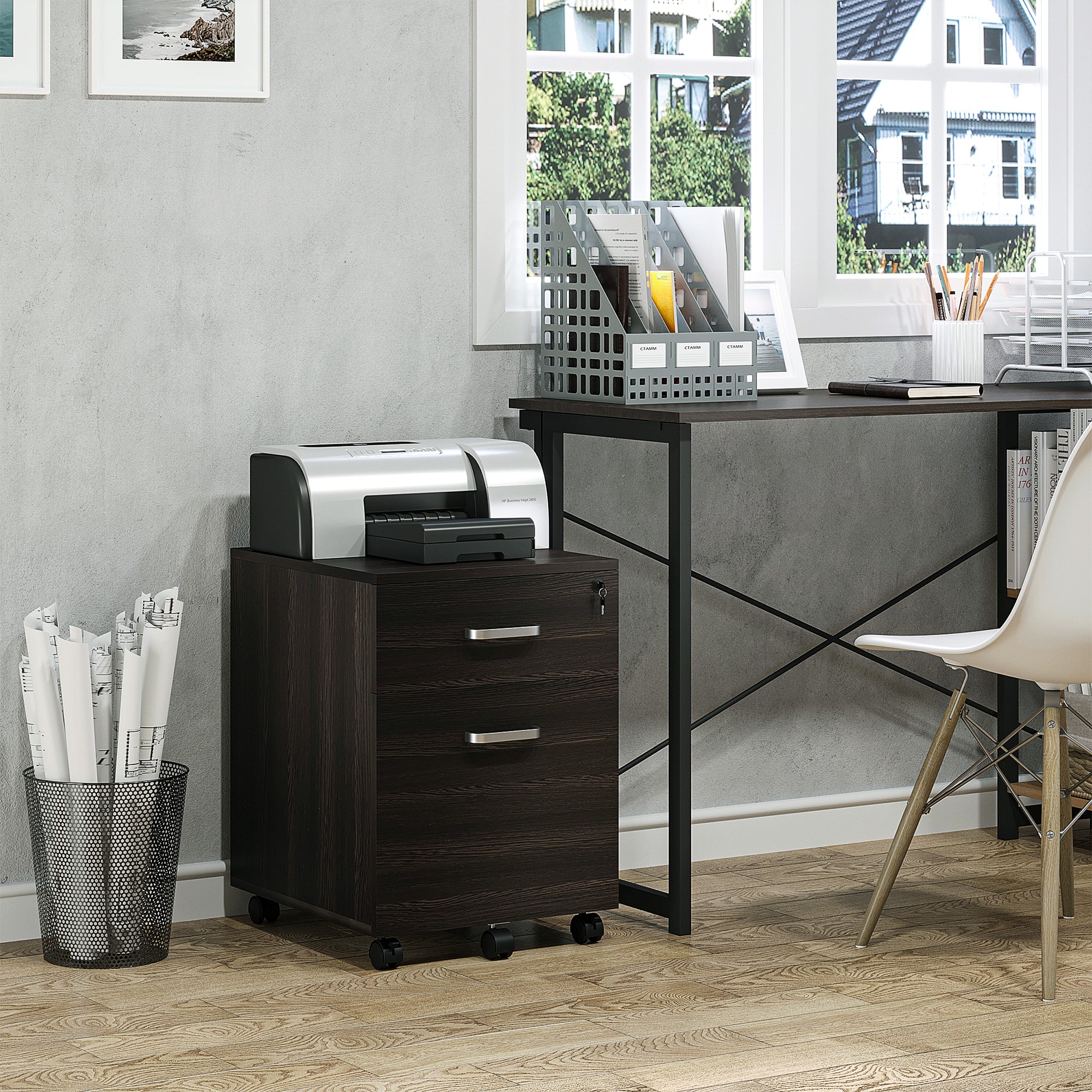 Vinsetto 2-Drawer Locking Office Filing Cabinet w/ 5 Wheels Rolling Storage Hanging Legal Letter Files Cupboard Home Organisation Black Wood Grain 