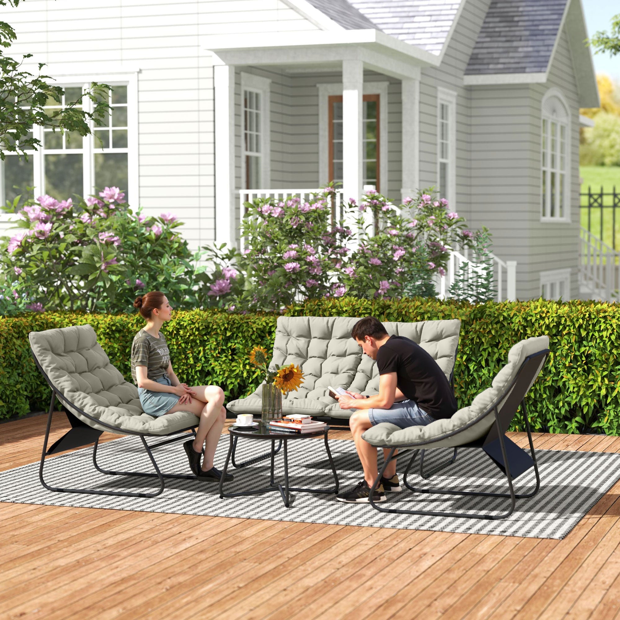Outsunny 4 Seater Garden Furniture Set, Conversation Set with Loveseat Sofa, Chairs, Glass Coffee Table, Thick Cushions, Steel Outdoor Sofa for Balcony, Poolside, Conservatory, Light Grey 