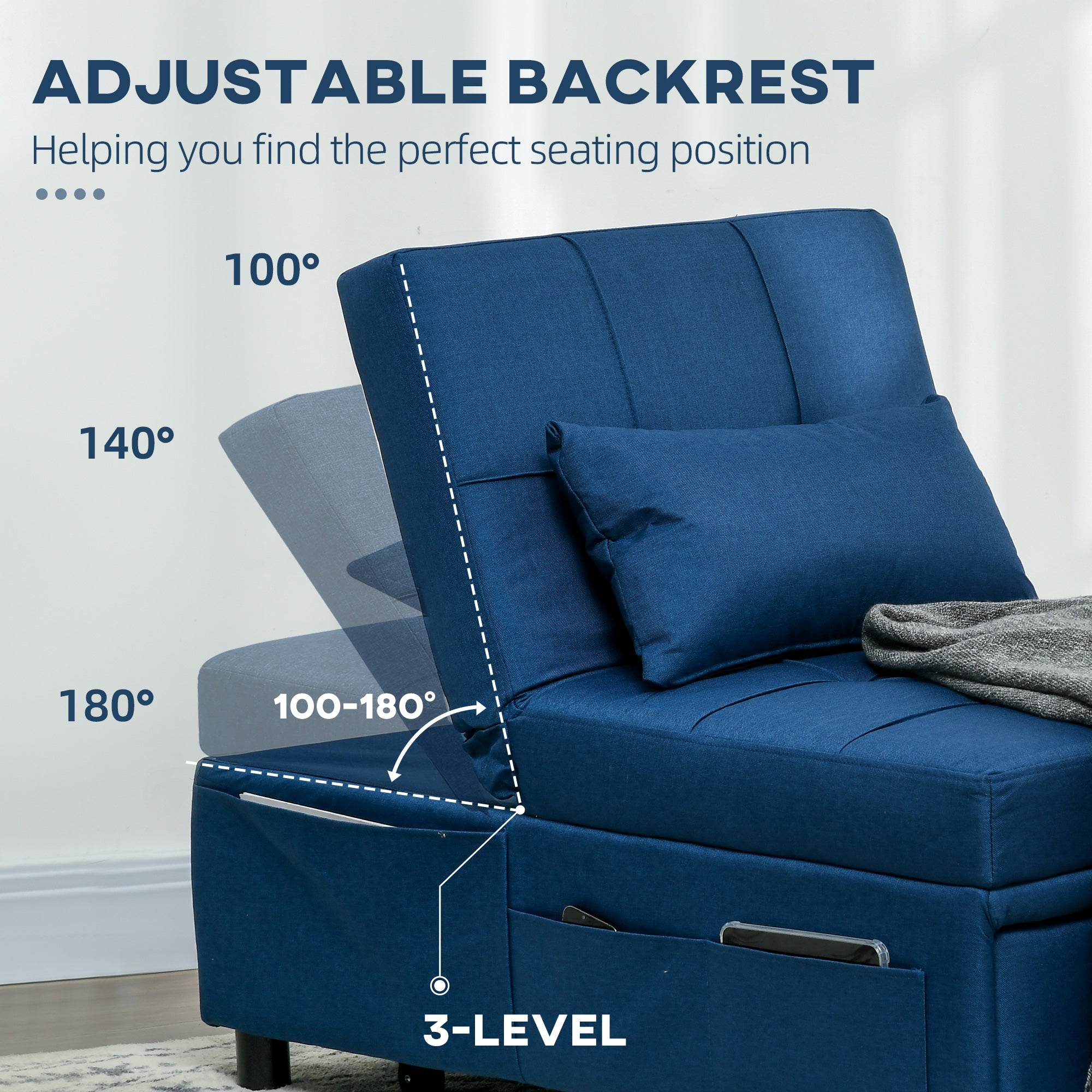 HOMCOM Convertible Chair Bed with Padding Seat, 4-in-1 Multi-Functional Sleeper Sofa Bed, Recliner with Adjustable Backrest, Side Pocket, Wheels and Pillow, for Living Room, Blue 