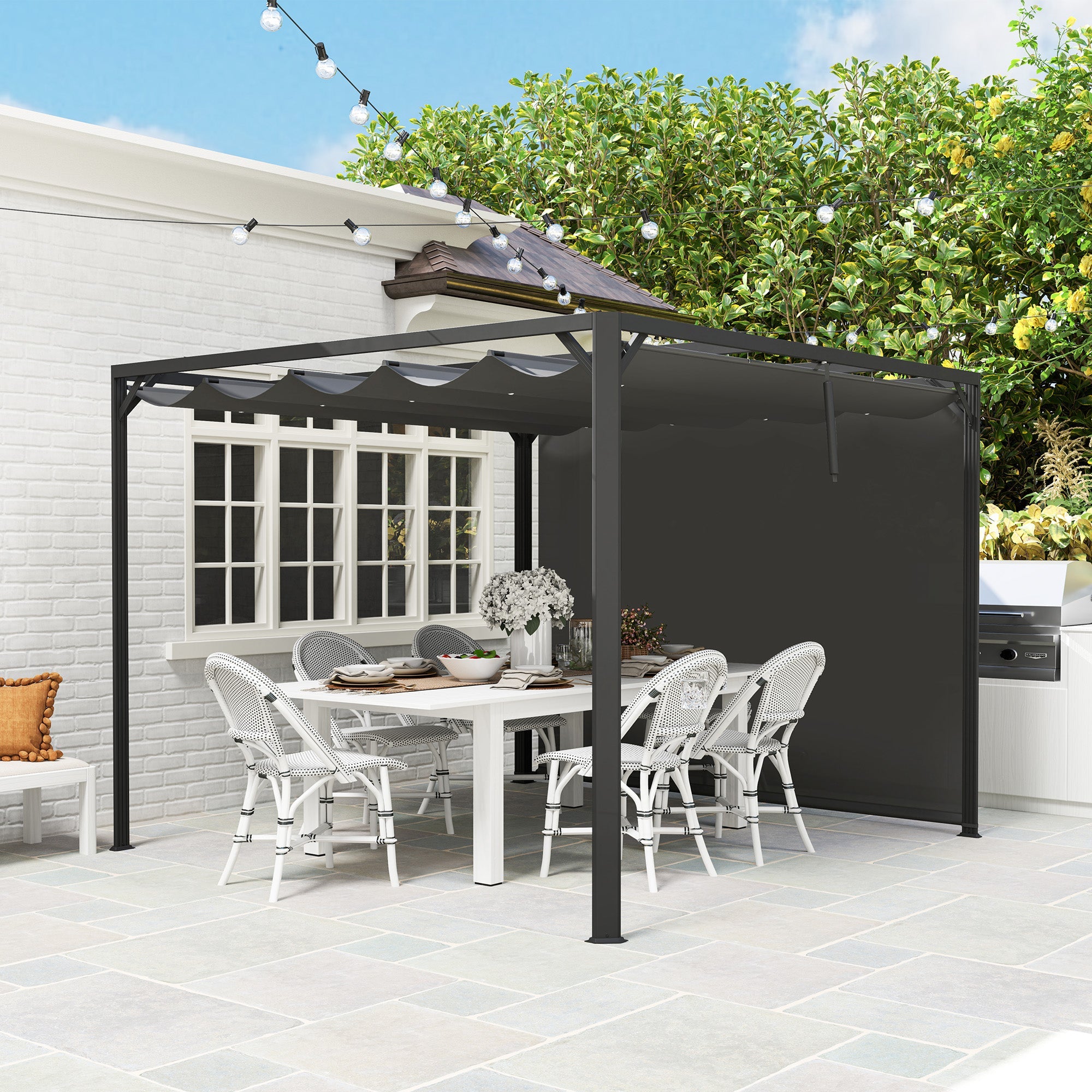Outsunny 3 x 3m Aluminium Pergola, with Retractable Roof and Wall - Dark Grey 