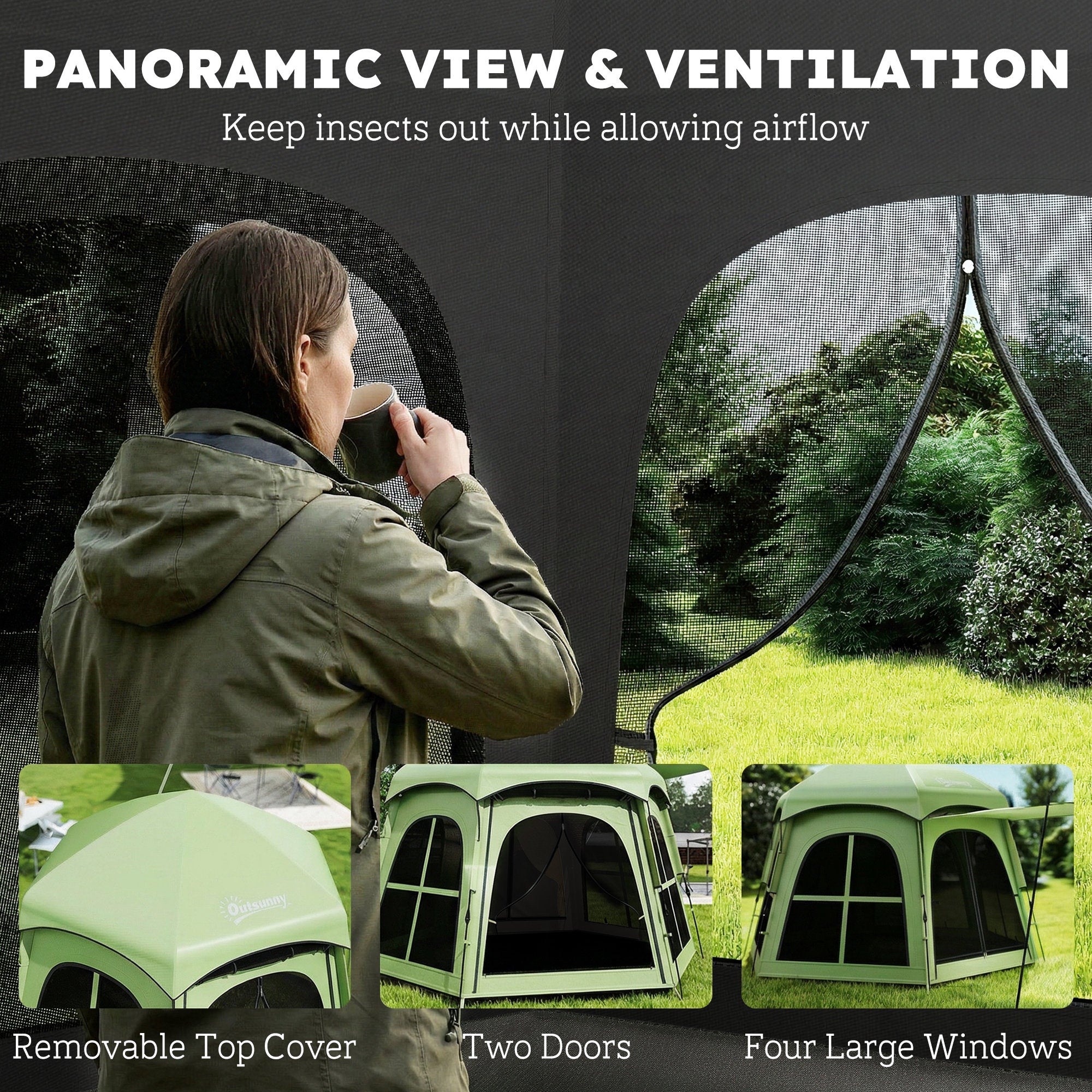Outsunny Pop Up Tent 3000mm Waterproof Instant Camping Tent 3-4 Person with 2 Doors 4 Windows Green 