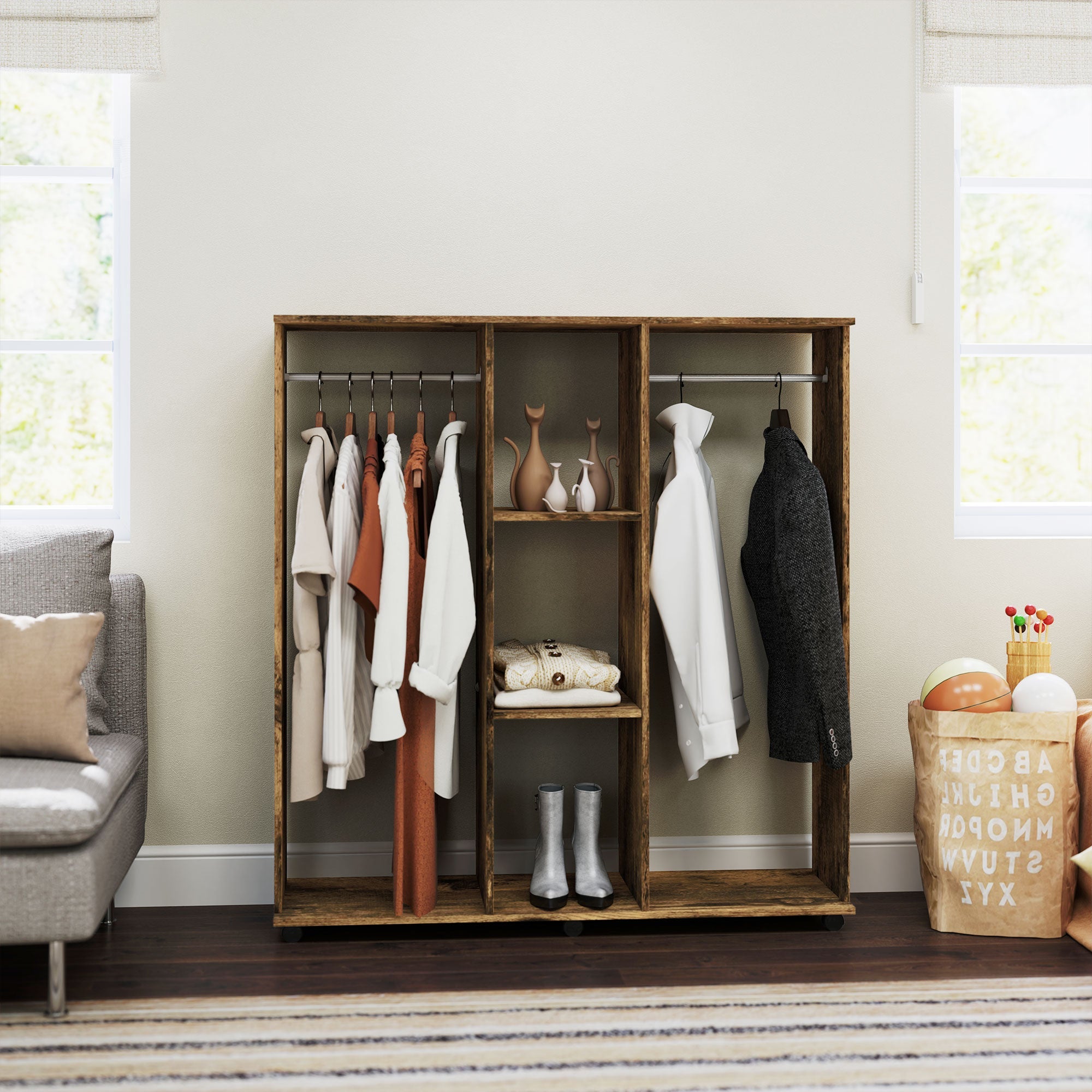 HOMCOM Open Wardrobe Double Mobile Storage Shelves Organizer W/6 Wheels-Rustic Brown 