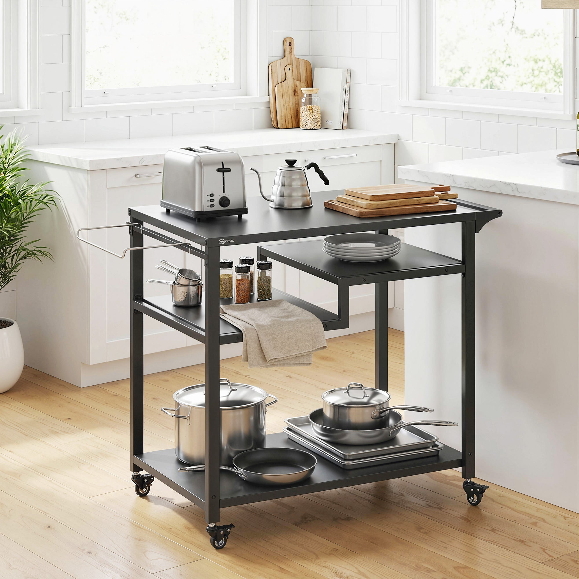 Outsunny Outdoor Grill Cart, Three-Tier Pizza Oven Stand  with Steel Tabletop, Hooks, Rubbish Bag Holder, Wheels, Black 