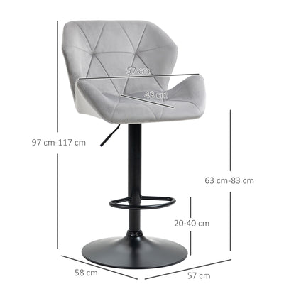 HOMCOM Bar Stools Set Of 2, Luxurious Velvet-Touch Barstools with Metal Frame Footrest Round Base Triangle Indenting Moulded Seat Adjustable Height Swivel Grey 