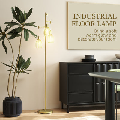 HOMCOM 3-Light Floor Lamp, 170cm Industrial Dimmable Standing Lamp with Steel Wire Cage Lampshades for Living Room, Bedroom, Dining Room, Study, Gold Tone 
