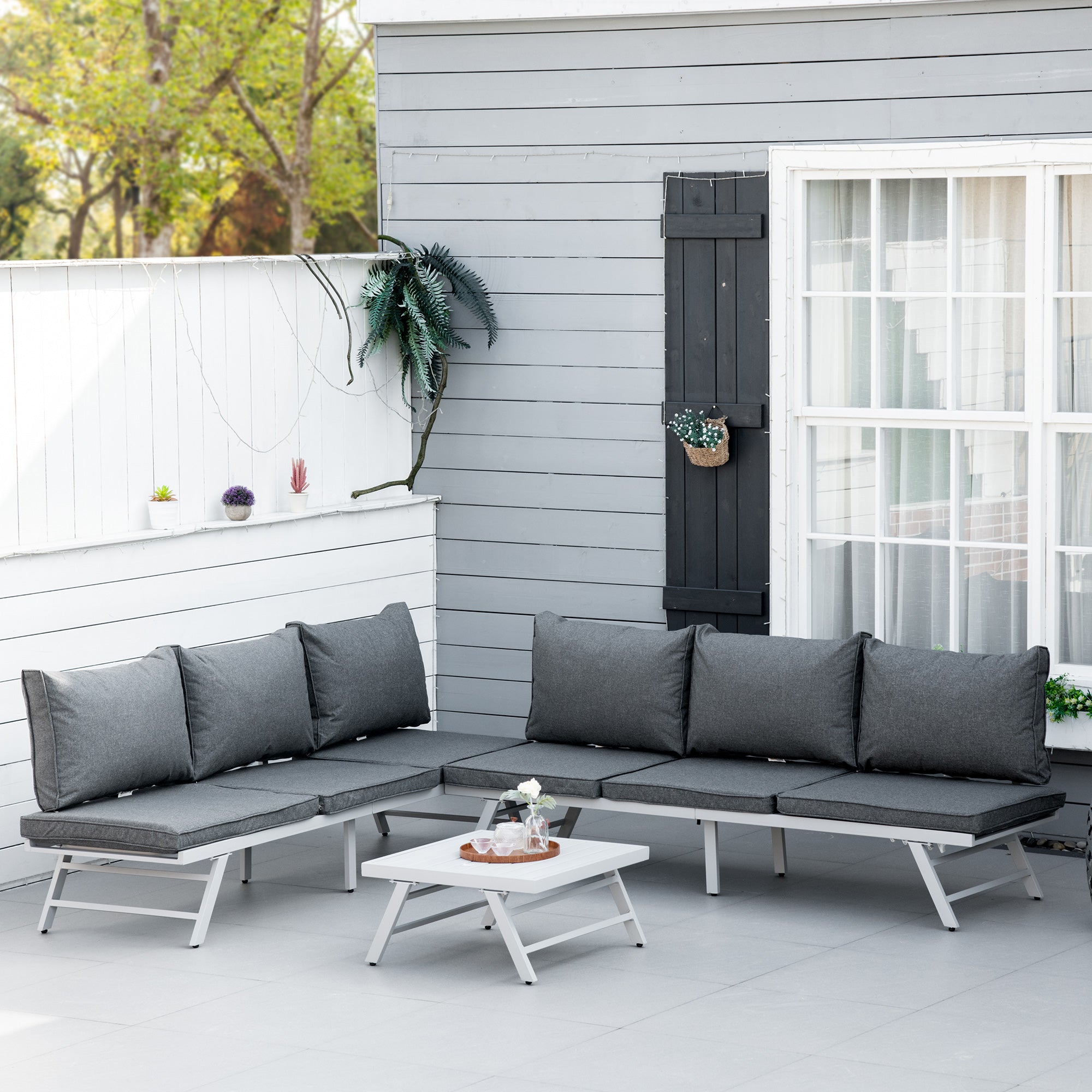 Outsunny 3 Pieces Garden Furniture Sets, 6 Seater Corner Sofa Set with Adjustable Backrest Chase Lounge with Slatted Metal Top Table, Padded Cushion, Grey 