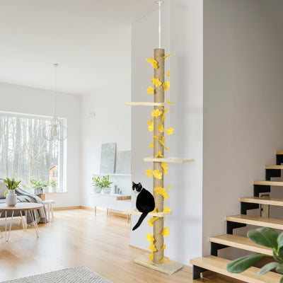 PawHut 242cm Adjustable Floor-To-Ceiling Cat Tree, with Artificial Decoration, Perches, Anti-Slip Kit - Yellow 