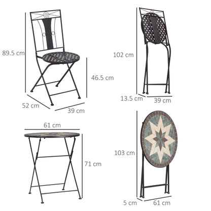 Outsunny 3-Piece Patio Bistro Set, Mosaic Table and 2 Armless Chairs with Foldable Design, Metal Frame for Garden, Poolside, Coffee 