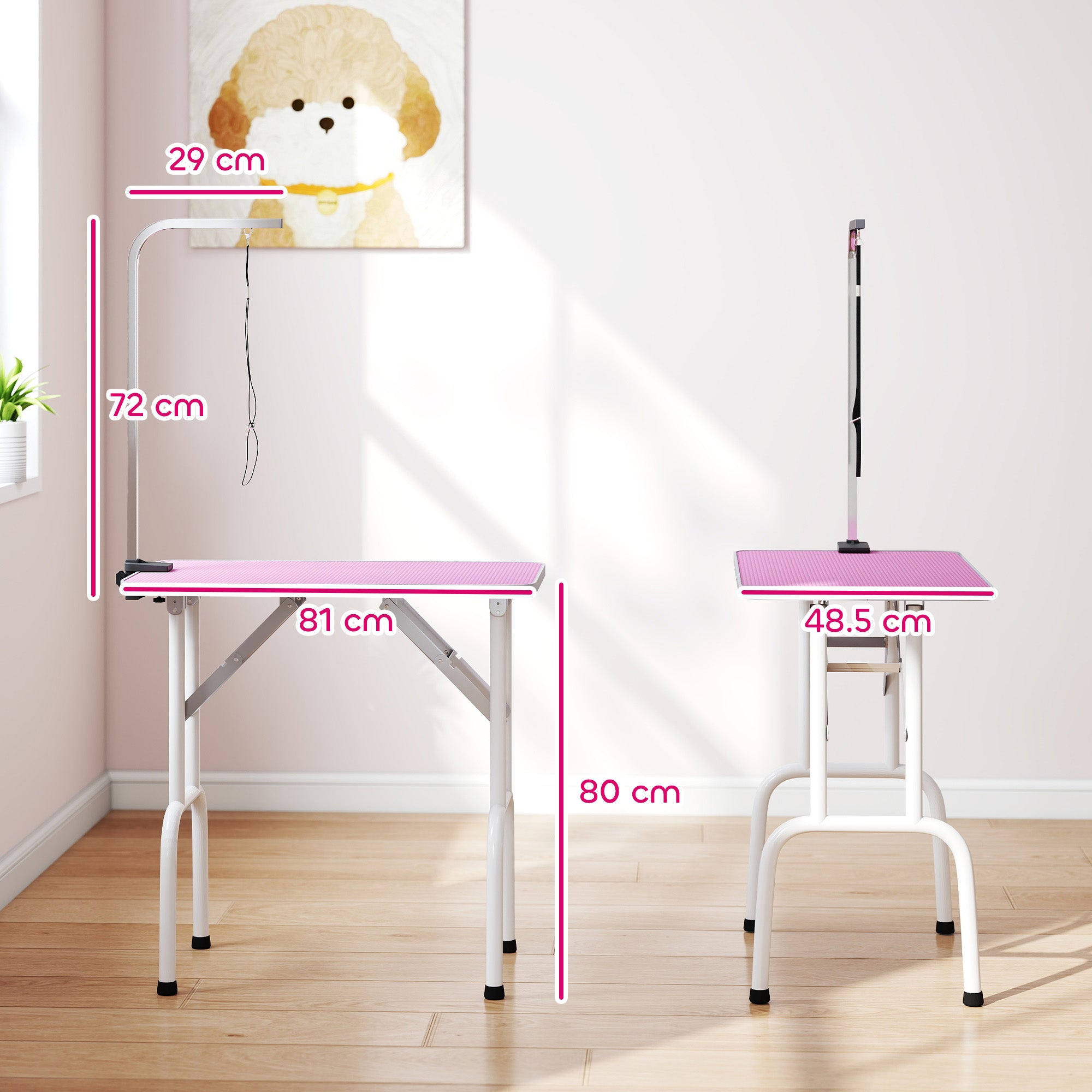 PawHut 32" Foldable Dog Grooming Table Pet Drying Beauty Table Adjustable Fixed Arm Rubber Top, Pink 
