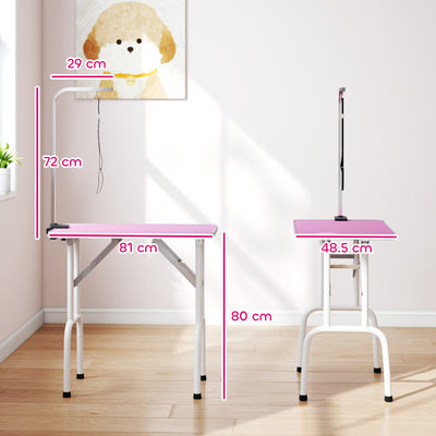 PawHut 32" Foldable Dog Grooming Table Pet Drying Beauty Table Adjustable Fixed Arm Rubber Top, Pink 