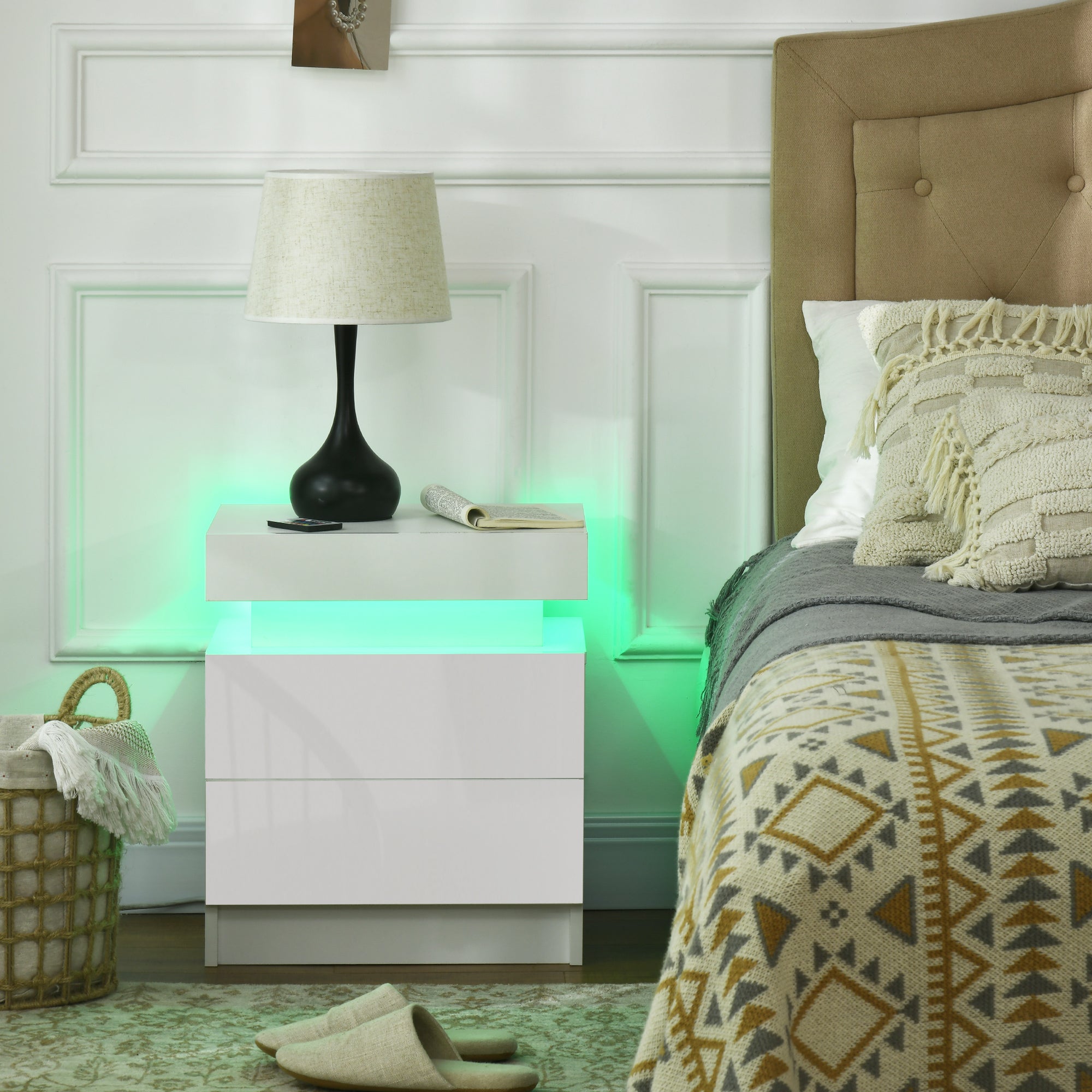 HOMCOM White Bedside Table with LED Light, High Gloss Front Nightstand with 2 Drawers, for Living Room, Bedroom 