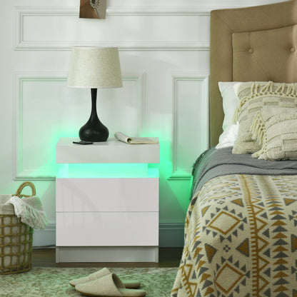HOMCOM White Bedside Table with LED Light, High Gloss Front Nightstand with 2 Drawers, for Living Room, Bedroom 