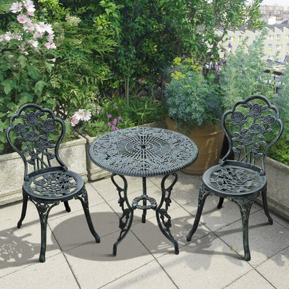 Outsunny Cast Aluminium Outdoor Patio Garden Bistro Elegant Design Table Chair Set - Green (3-Piece) 