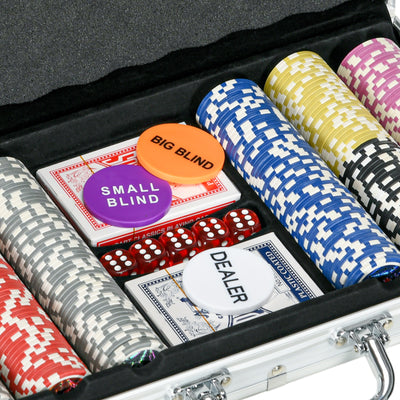 SPORTNOW 300-Piece Poker Chips Set, Poker Set with Mat, Chips, Two Card Decks, Dealer, Five Dices 