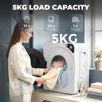 HOMCOM 5kg Vented Tumble Dryer, 1000W Compact Tumble Dryer with 5 Drying Modes, Stainless Steel Tub, White