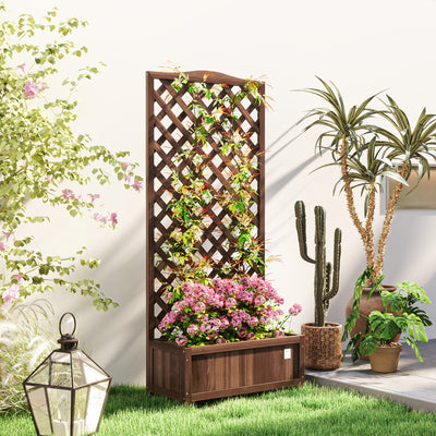 Outsunny 53L Garden Wooden Planter Box with Trellis Free Standing Flower Raised Bed with Lattice for Climbing Plants, 76cm x 36cm x 170cm, Dark Brown 