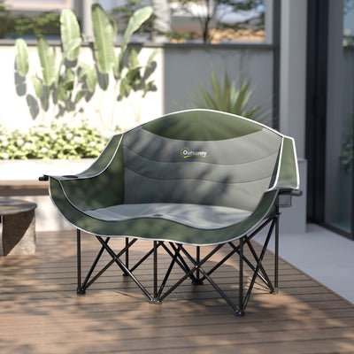 Outsunny Double Camping Chair for Adults, Oversized Heavy Duty Padded Folding Chair with Armrests, Cup Holders and Carry Bag for Outdoor Camping Hiking Picnic Fishing, 250kg Capacity, Green 