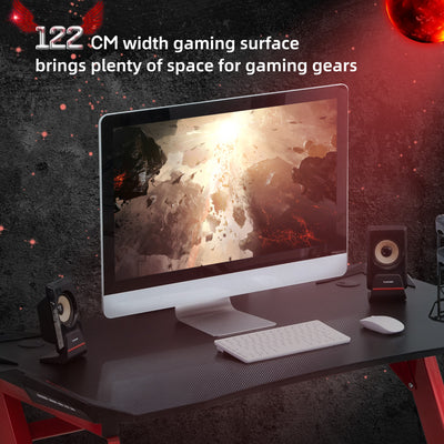 HOMCOM 122 x 66 cm Gaming Desk, Carbon Fibre Covered Computer Desk, Gamer Workstation with Headphone Hook, Cup Holder and Gamepad Storage Rack, Black and Red 