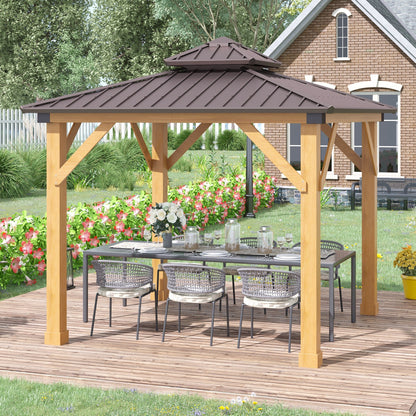 Outsunny 3x(3)M Outdoor Hardtop Gazebo Canopy with 2-Tier Roof and Solid Wood Frame, Outdoor Patio Shelter for Patio, Garden, Brown 