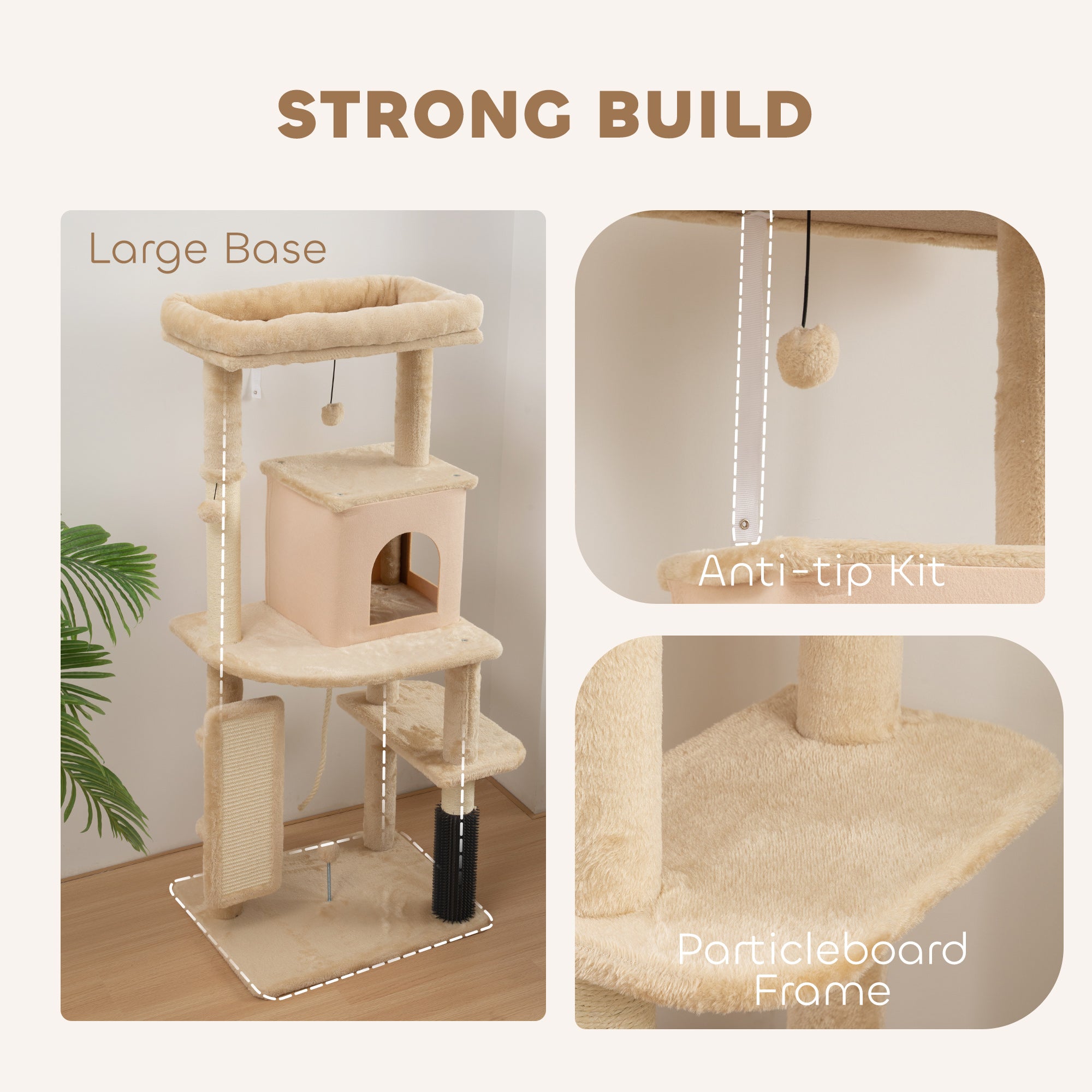 PawHut 132cm Cat Tree w/ Scratching Posts, Pad, Cat Bed, Cat House, Jumping Platform, Grooming Brush, Anti-Tip Kit, Beige 
