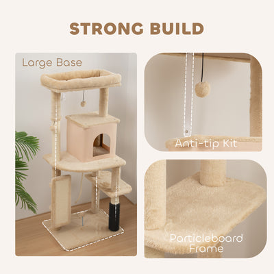 PawHut 132cm Cat Tree w/ Scratching Posts, Pad, Cat Bed, Cat House, Jumping Platform, Grooming Brush, Anti-Tip Kit, Beige 