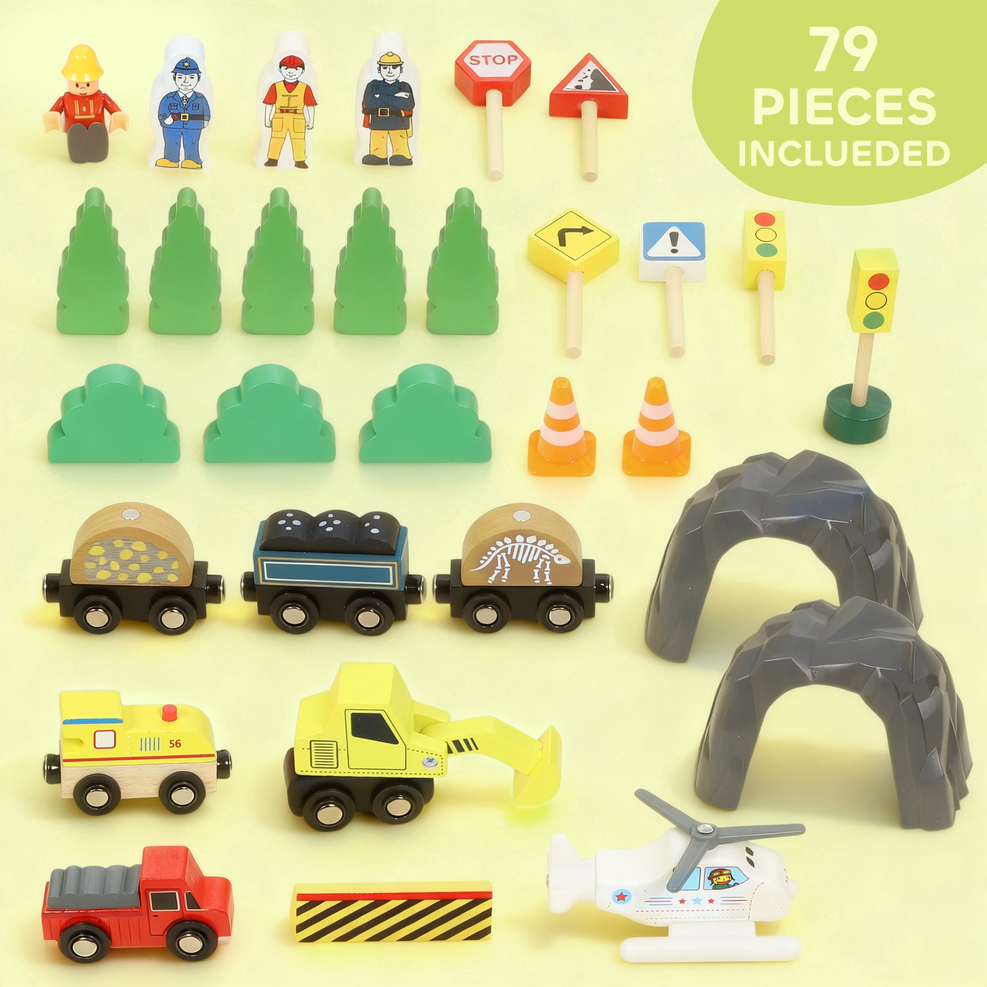 AIYAPLAY 79 Piece Wooden Train Set, Kids Train Track Mine Themed with Crane, Helicopter 
